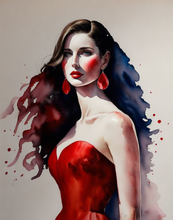 Illustration of woman with blue eyes, red dress, flowing dark hair