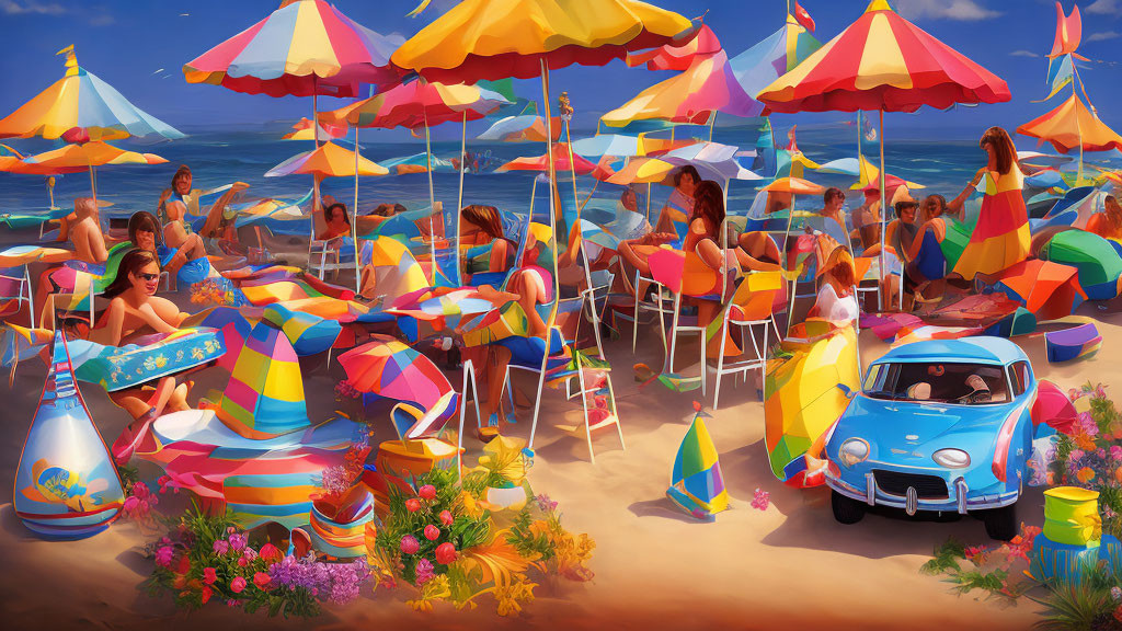 Colorful Beach Scene with Umbrellas, Sunbathers, Surfboards, Vintage Car, and Blue