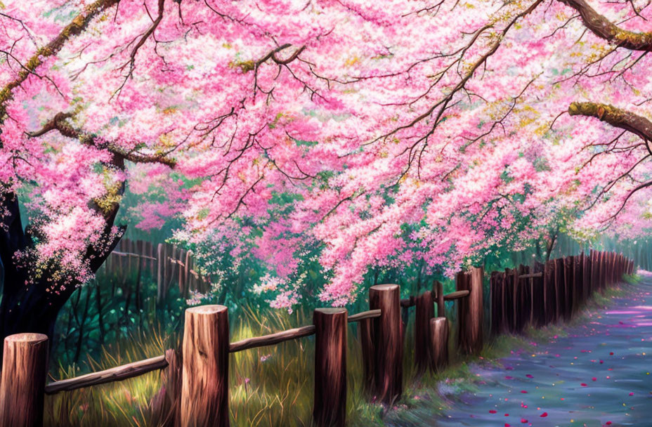 Tranquil spring scene: Pink cherry trees, wooden fence, scattered petals