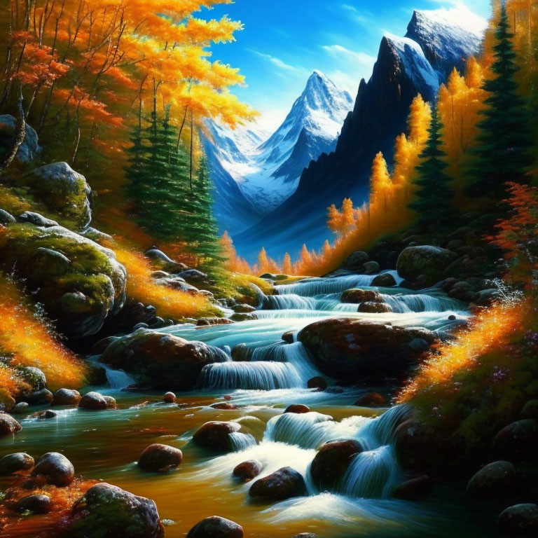 Scenic Autumn Stream with Snowy Mountains