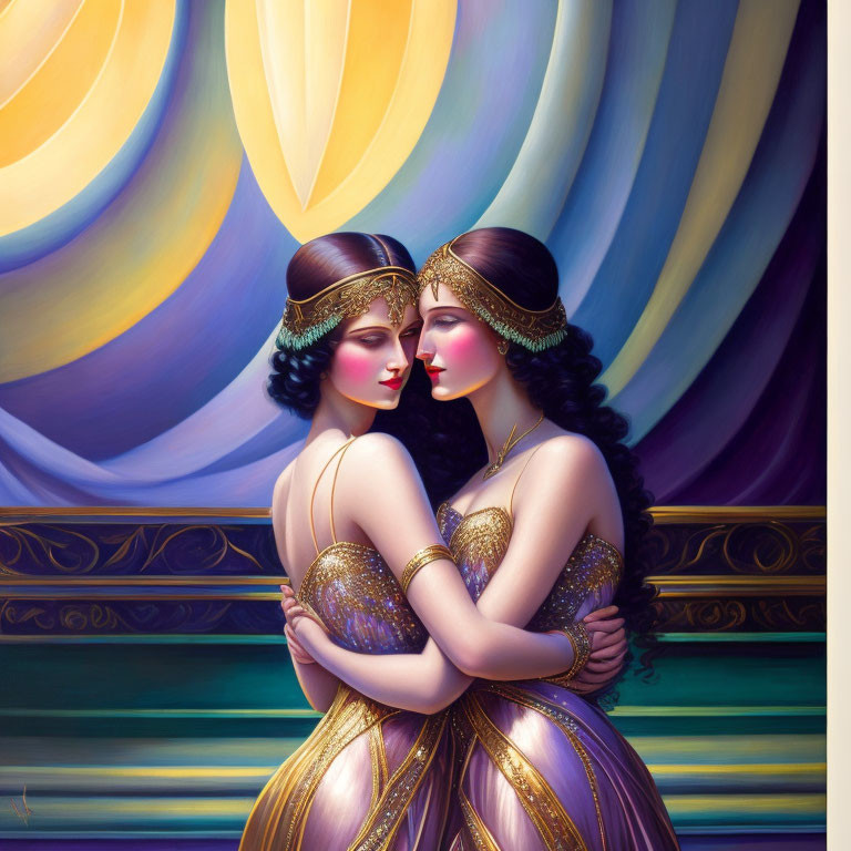 1920s-style women embracing in front of Art Deco background