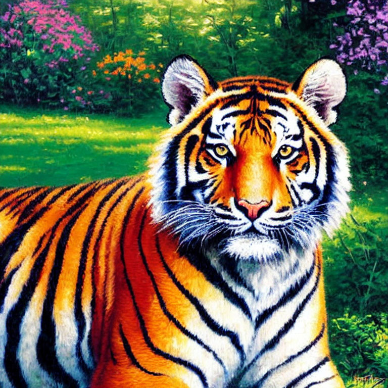 Majestic tiger with orange and black stripes on vibrant green grass and purple flowers