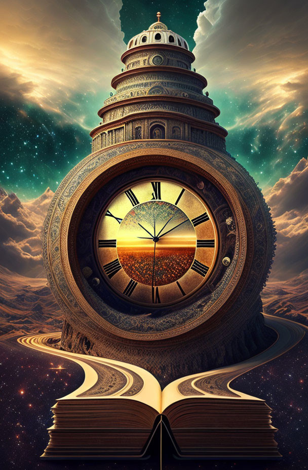 Fantastical clock tower on open book with cosmic elements and starry sky