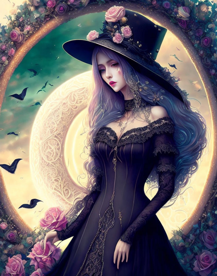 Illustration of woman with blue hair in gothic attire under moon and floral arch