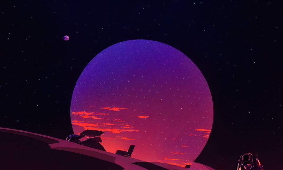 Surreal landscape with large purple planet and telescope under starry sky