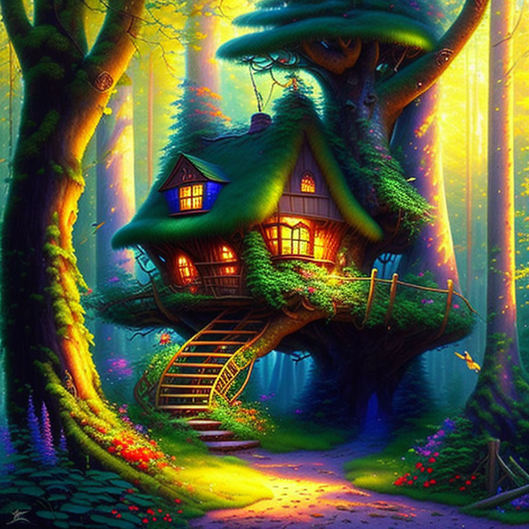 Illustration of Cozy Treehouse in Enchanted Forest