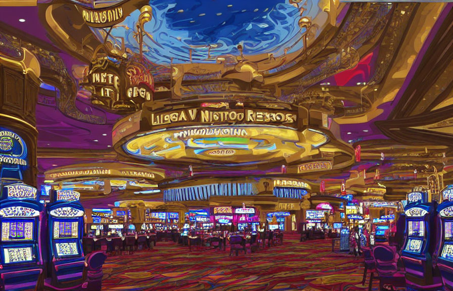 Colorful Casino Interior with Slot Machines and Ornate Ceiling Mural