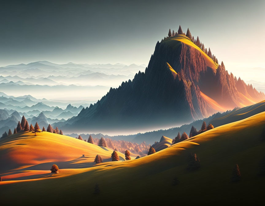 Sunlit mountain peak in serene landscape under golden sky