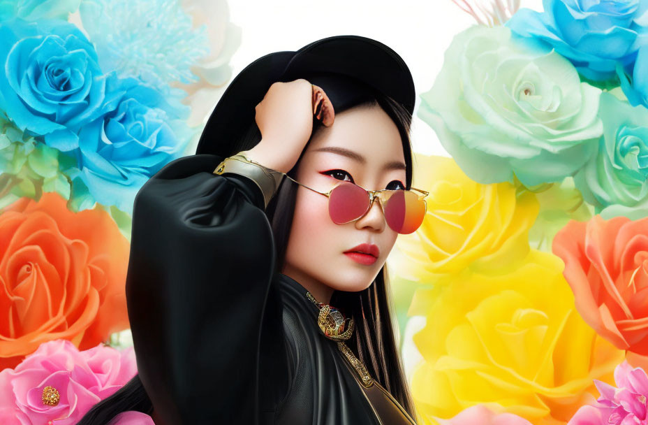 Fashionable person in black hat and sunglasses against colorful rose backdrop