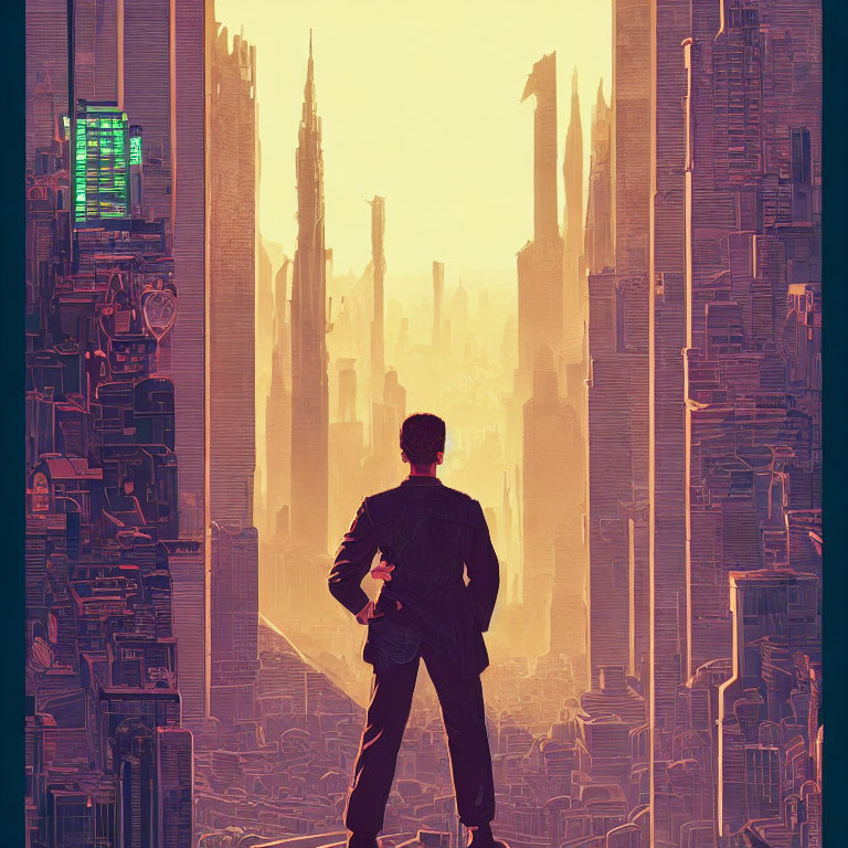 Futuristic cityscape with towering skyscrapers and golden light