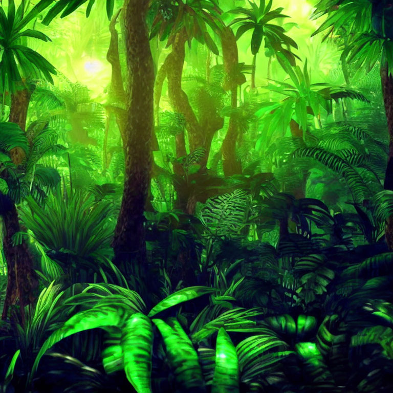 Tropical Jungle with Dense Foliage and Sunlight Filtering Through Canopy
