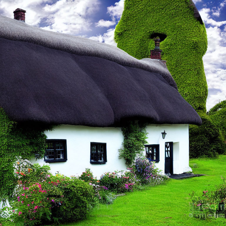 Thatched Roof White Cottage Surrounded by Greenery