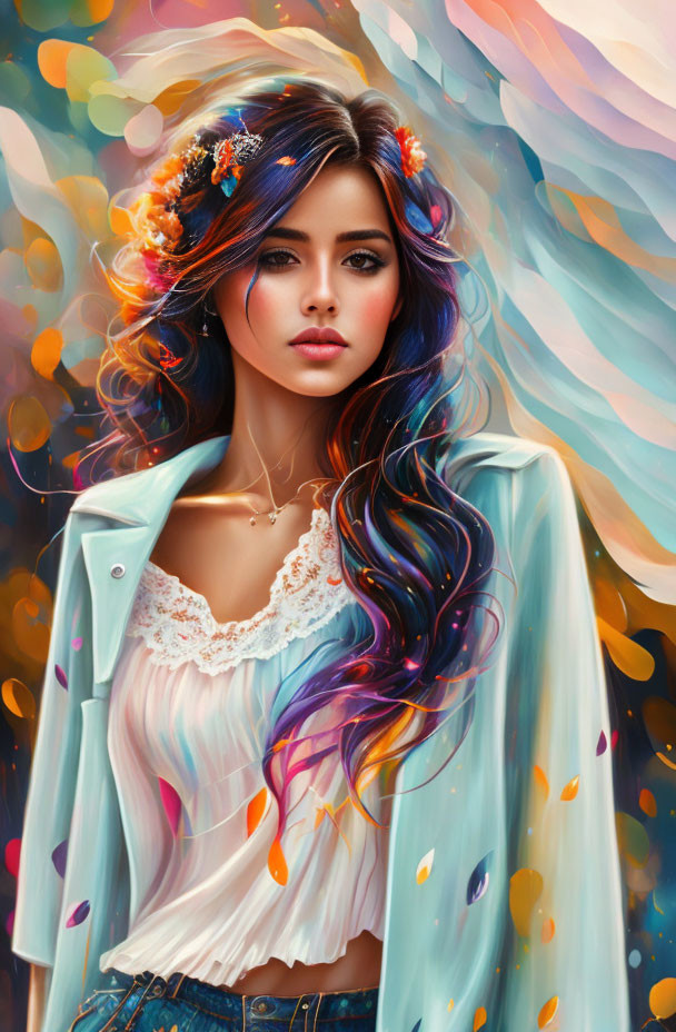 Colorful flowing hair woman in blue jacket with bokeh effect