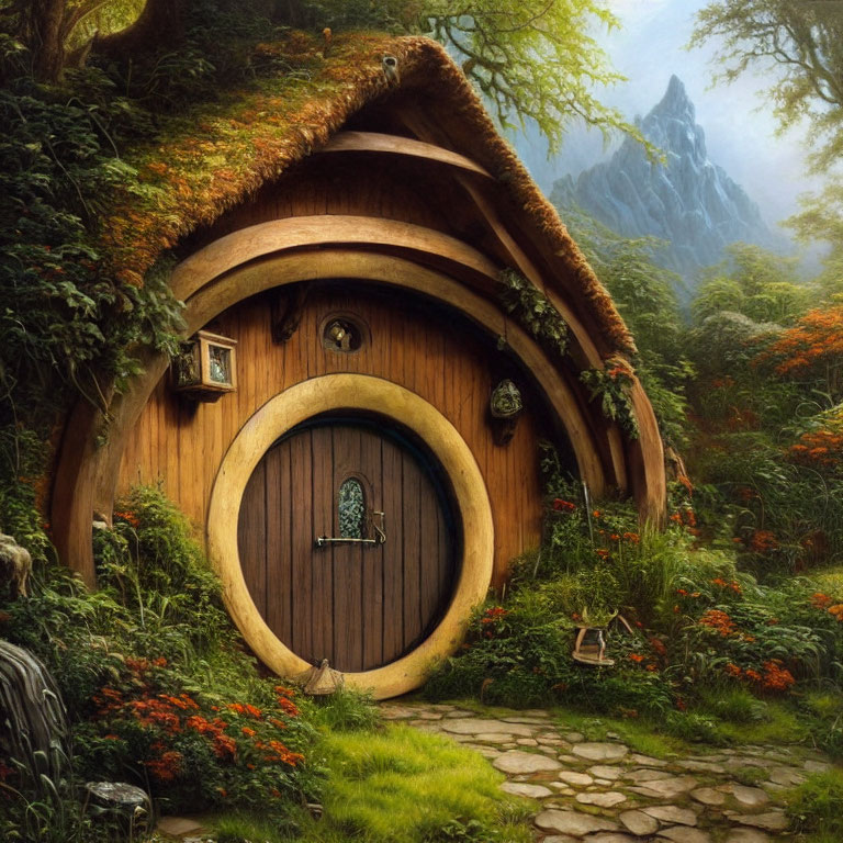 Round wooden door in hobbit-style house with thatched roof, surrounded by lush forest foliage