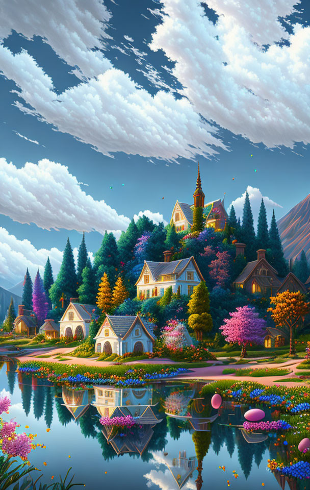 Colorful lakeside village artwork with mountains and boat