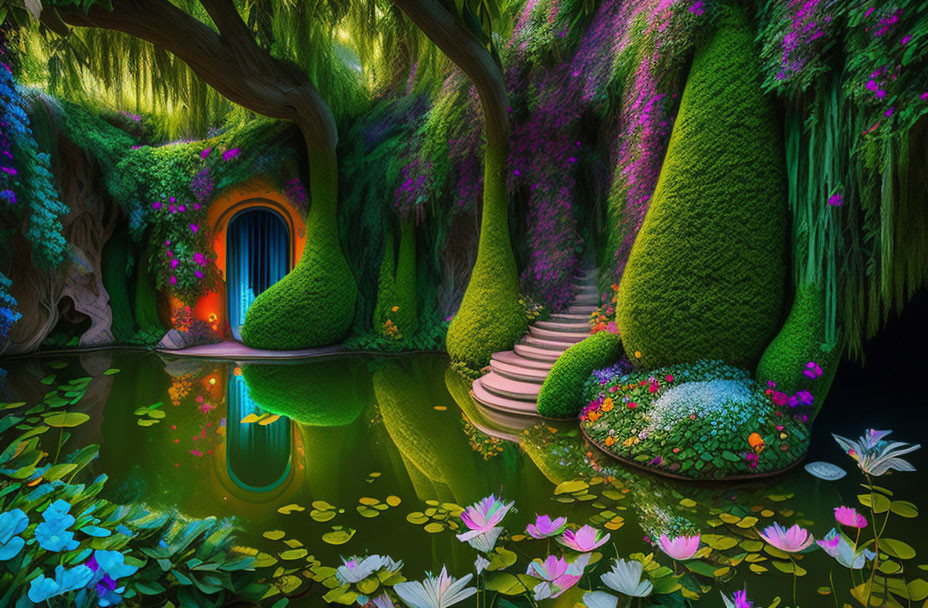 Vibrant garden scene with pond, flowers, and mystical tree door