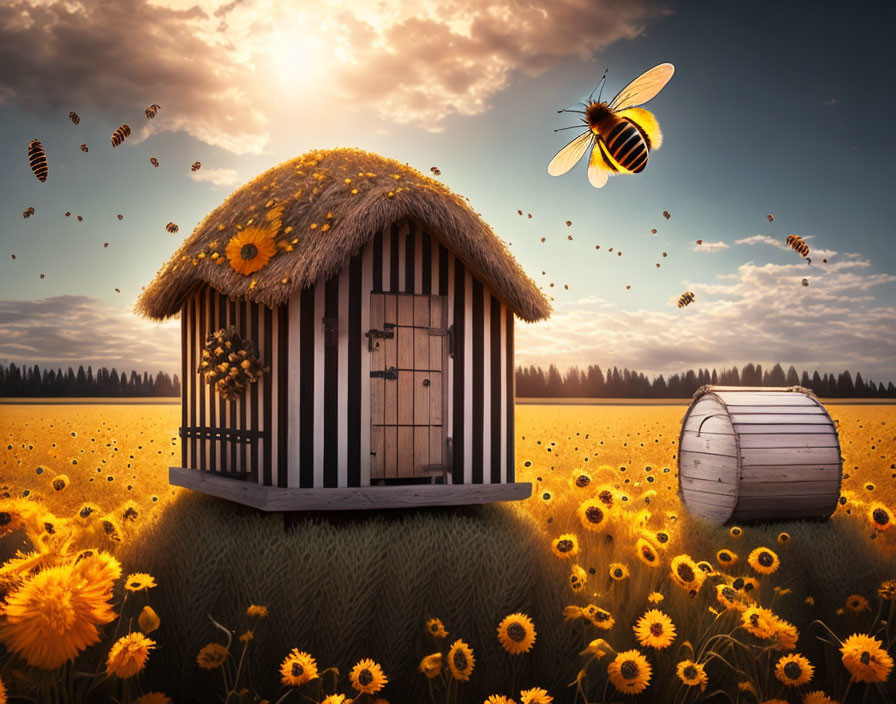 Whimsical beehive cottage with bees, barrel, sunflowers under sunset sky