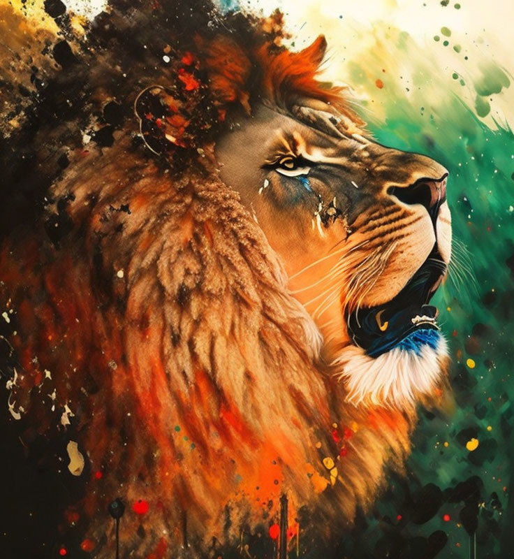 Colorful Abstract Lion Painting with Splattered Paint Effects