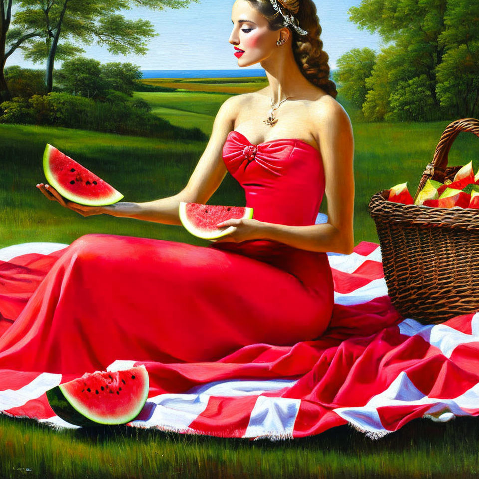 Woman in Red Dress with Watermelon Slice on Picnic Blanket