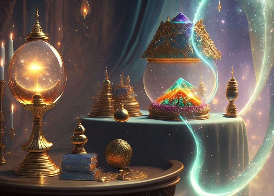 Mystical still life with crystal ball, pyramid, books, and artefacts