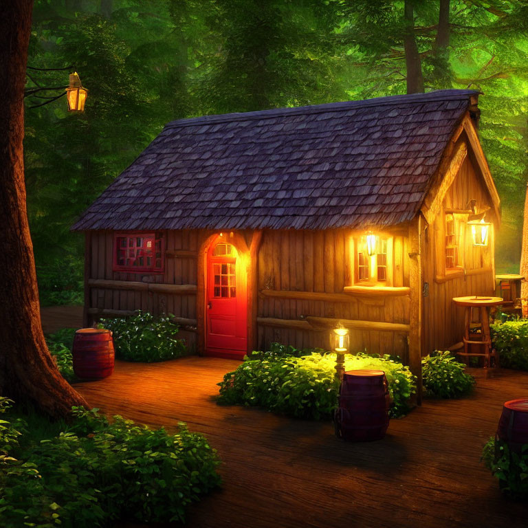 Wooden cottage with red door in lush forest at twilight