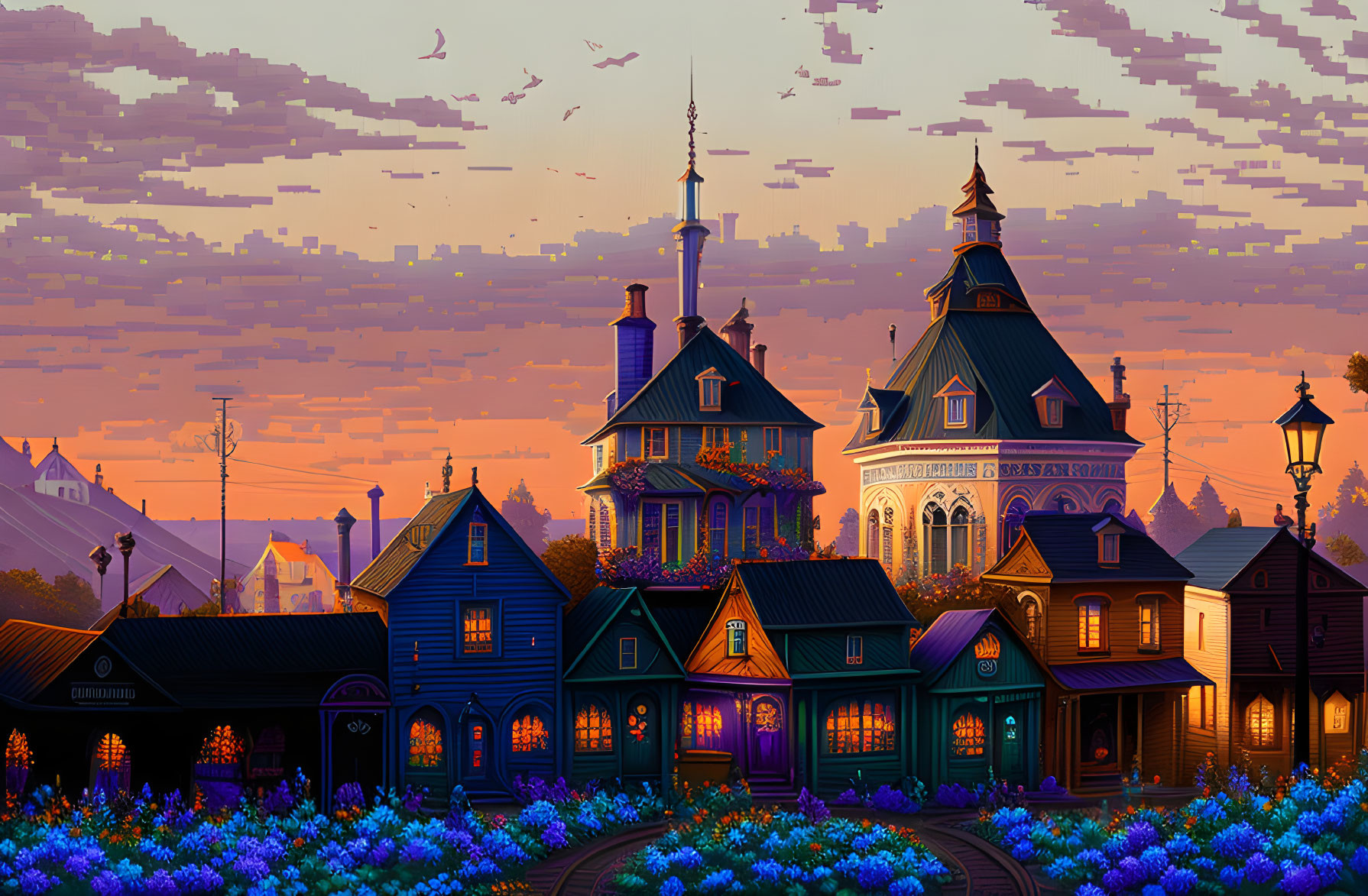 Victorian-style houses at sunset with purple flowers and distant tower
