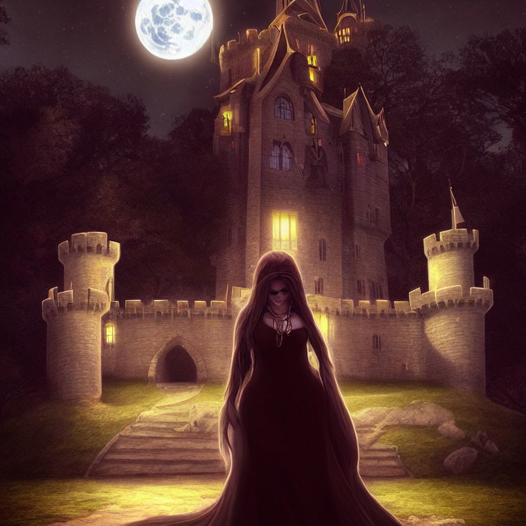 Mysterious Figure with Long Hair and Cape at Illuminated Castle