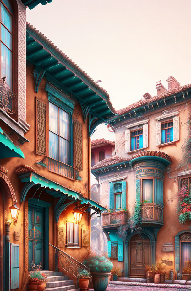 Colorful European-style street with quaint facades and balconies