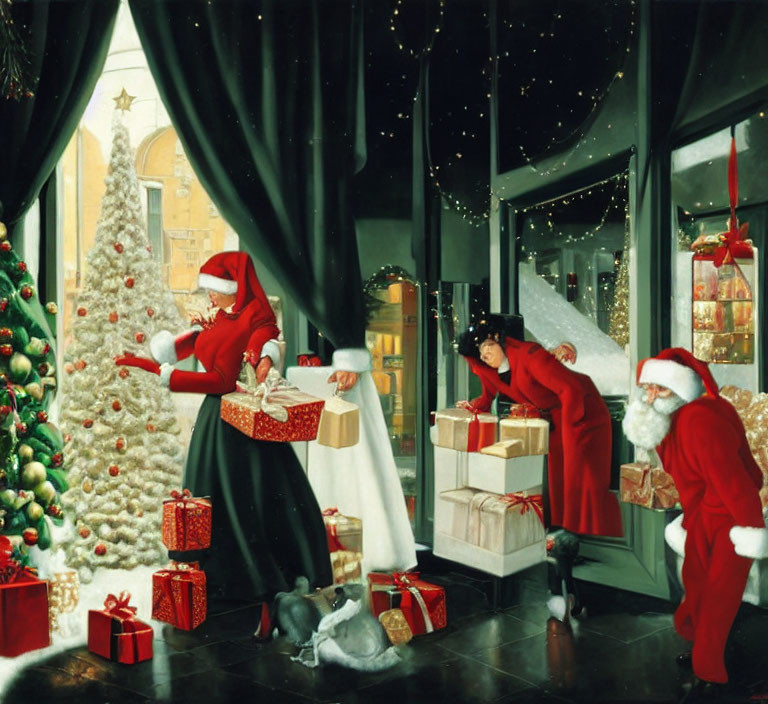 Individuals dressed as Santa Claus decorating a Christmas tree indoors with snow falling outside