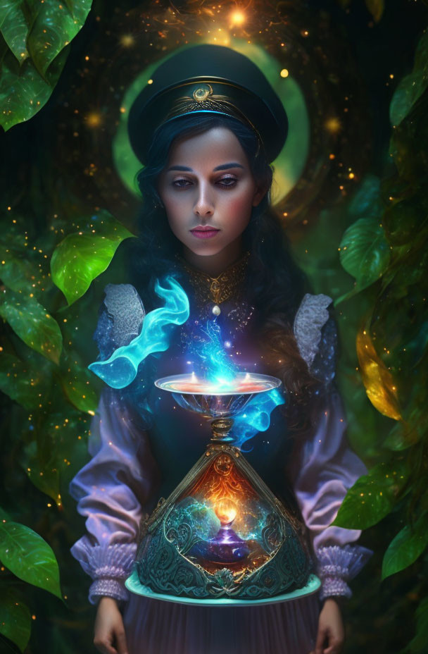 Mystical portrait of woman in vintage uniform with glowing chalice and magical ambiance