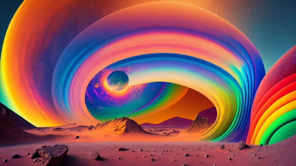 Surreal landscape with rainbow waves over desert scene