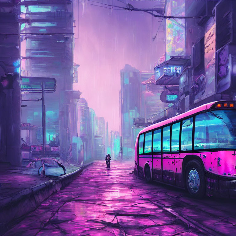 Futuristic city street with purple hues, towering buildings, neon signs, parked bus, and lone