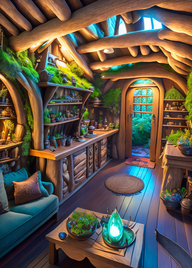 Fantasy-style cozy interior with wooden beams, blue bench, plants, potion bottles, and glowing crystal