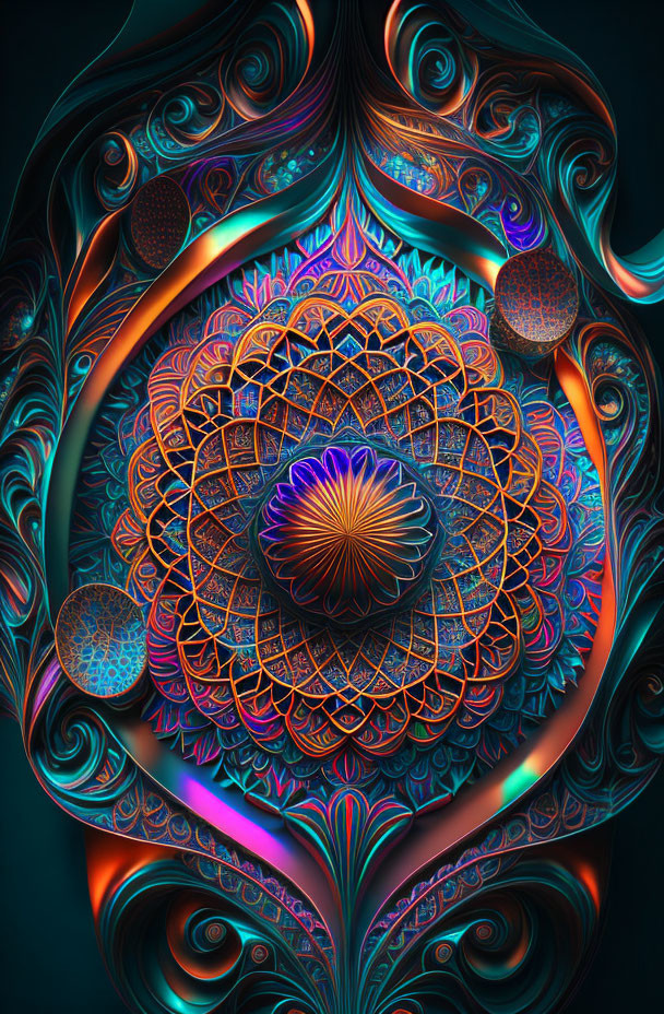 Intricate Neon Mandala Designs on Metallic 3D Background