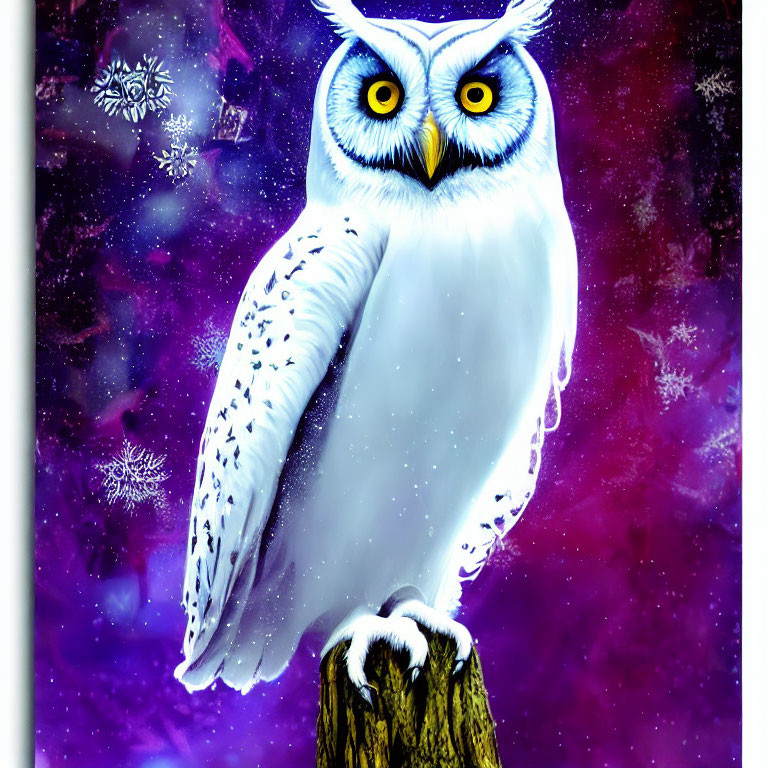 White Owl Perched on Stump in Cosmic Snowflake Scene