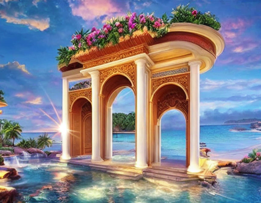 Classical archway with flowers in clear water at sunset