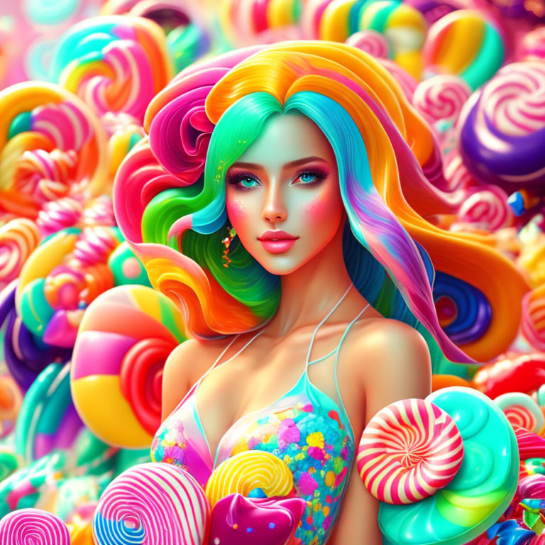 Vibrant illustration: woman with rainbow hair in candy-filled background