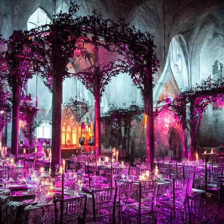 Mystical banquet setup with purple lighting, candles, and ivy-covered arches