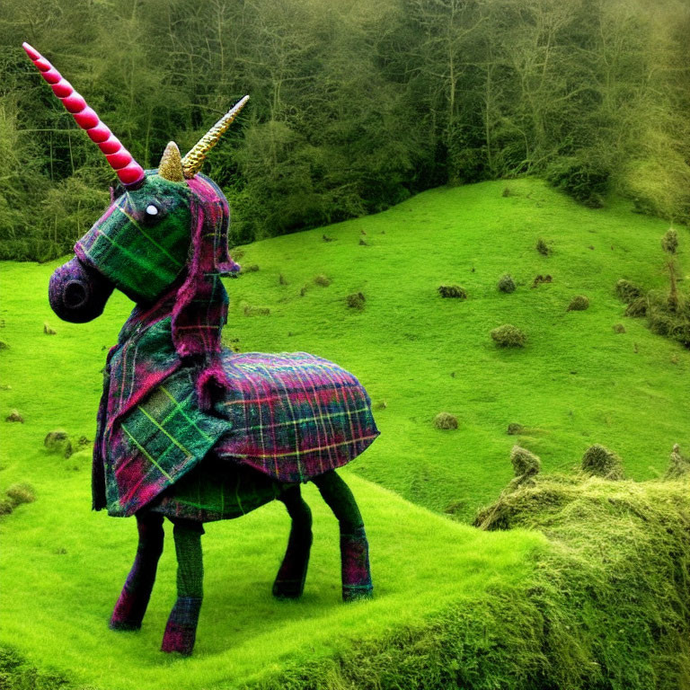 Colorful Tartan-Patterned Unicorn Sculpture on Green Hills