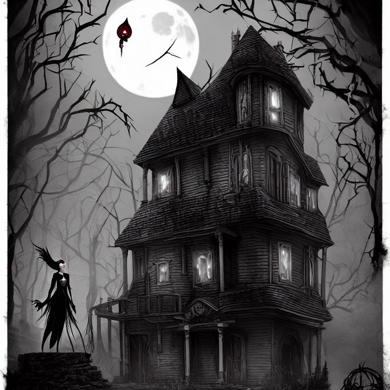 Gothic black and white image of haunting Victorian house, full moon, mysterious woman, bare trees