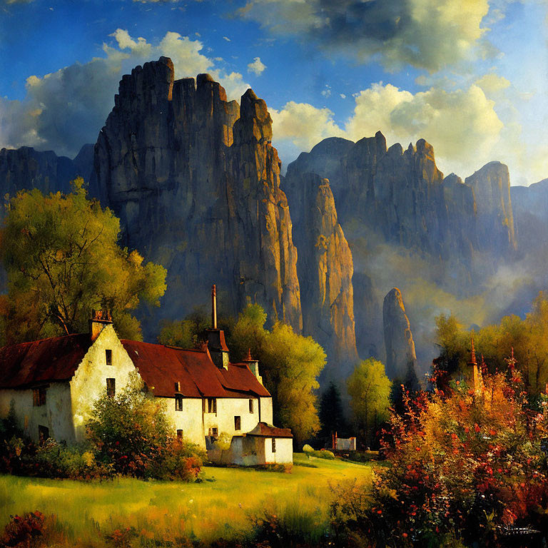 Scenic painting of cottage, trees, cliffs, and sky