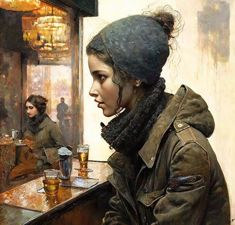 Pensive woman in warm hat and jacket gazes out café window with reflection of another person.