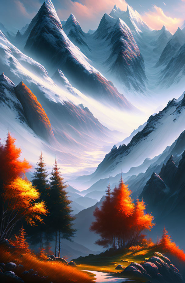 Snow-capped mountains, glowing stream, orange trees in fantasy landscape