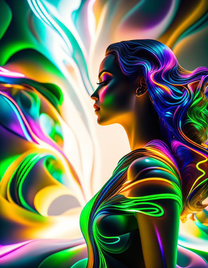 Colorful digital artwork: Woman with multicolored hair in psychedelic neon background