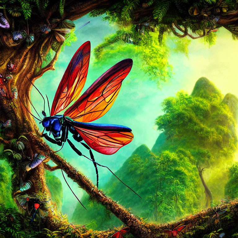 Colorful oversized butterfly on branch in vibrant forest scene.