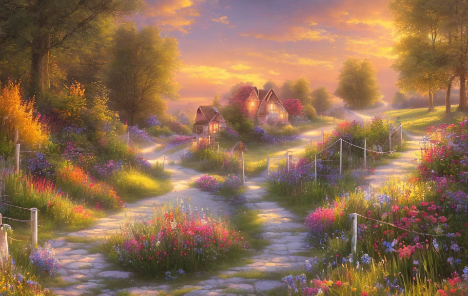 Tranquil fantasy landscape with flower-lined path and quaint cottages