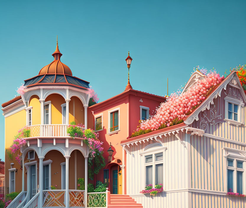 Colorful Victorian-style Houses with Blooming Flowers on a Clear Day