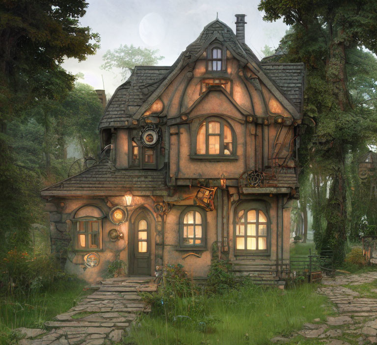 Charming two-story forest cottage with glowing windows and cobblestone path