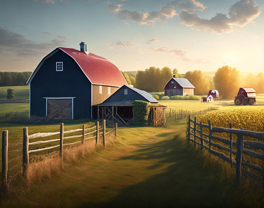 Rural farm scene at sunset with red barn, tractor, and wooden fence