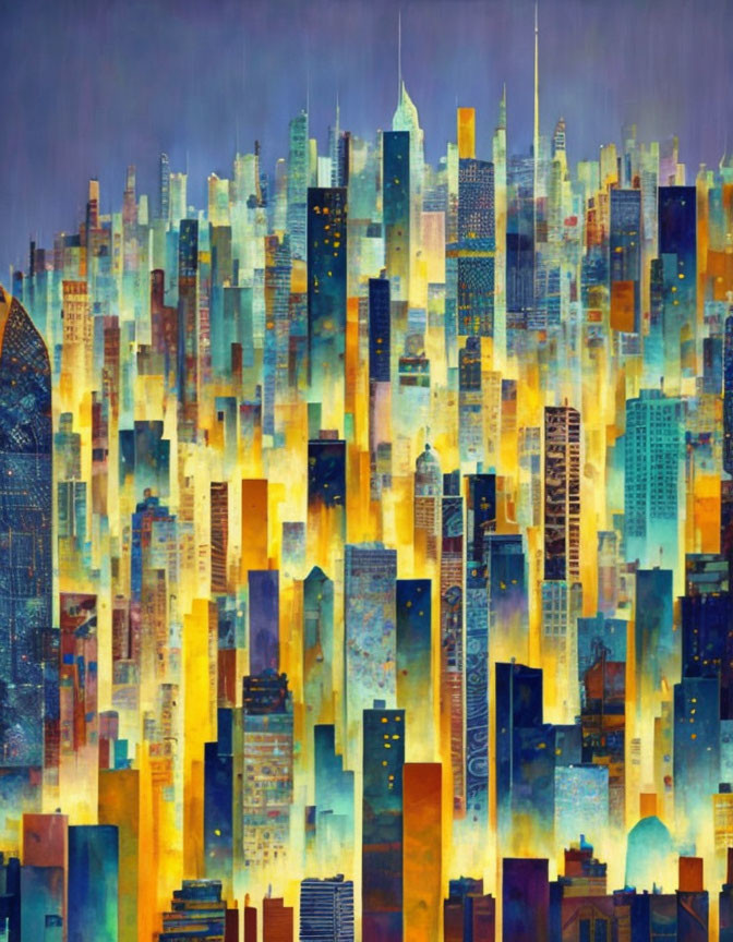 Vibrant cityscape painting in yellow, blue, and purple hues